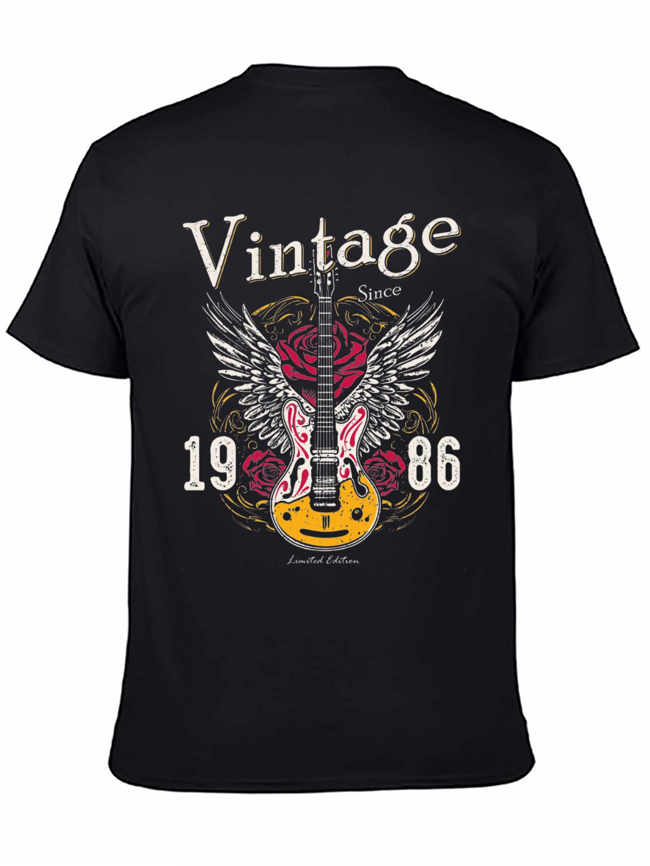 Black Vintage 1986 Guitar Wings T-Shirt view 4