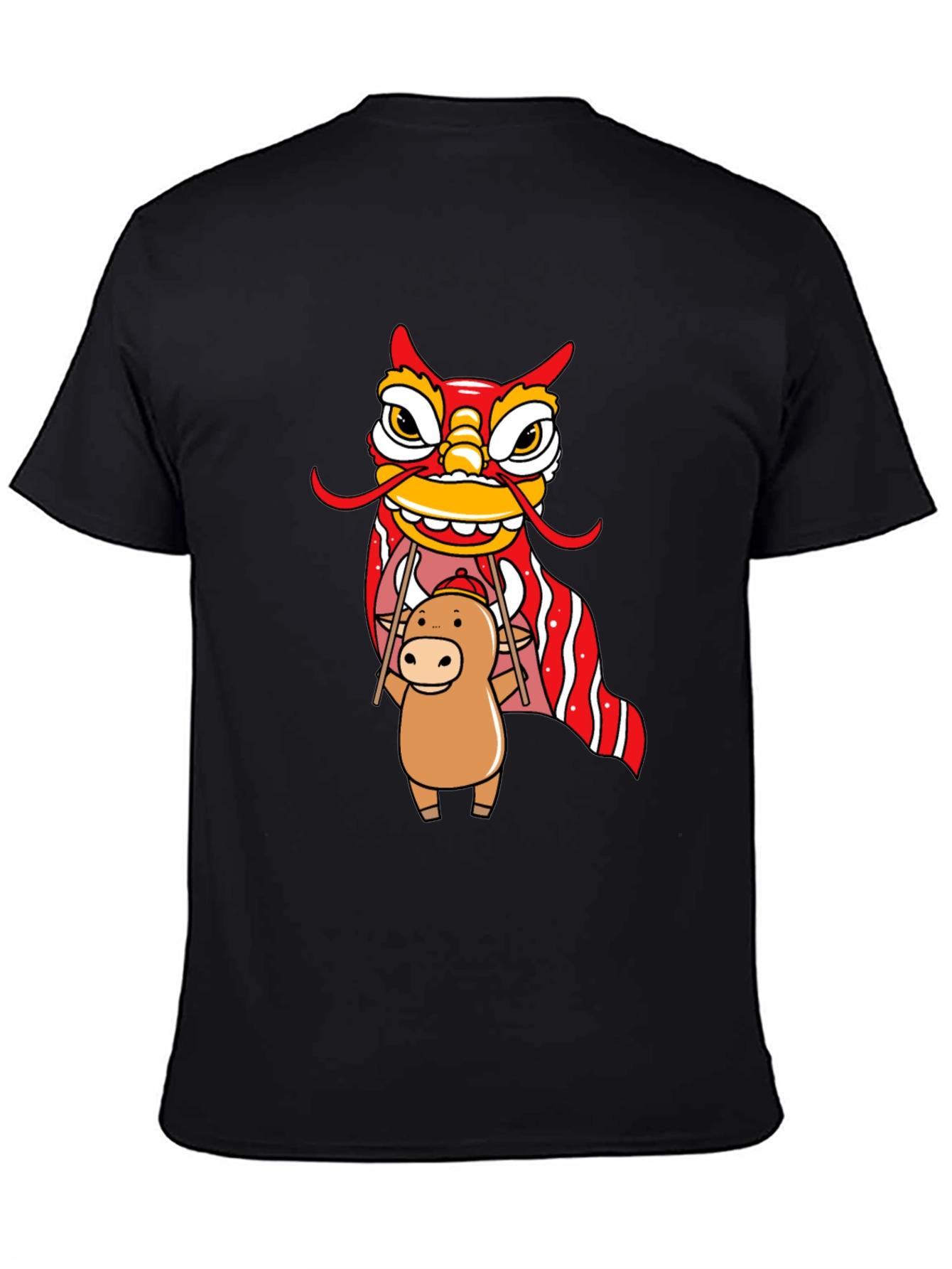 Black Cute Ox & Lion Dance Graphic T-Shirt view 4