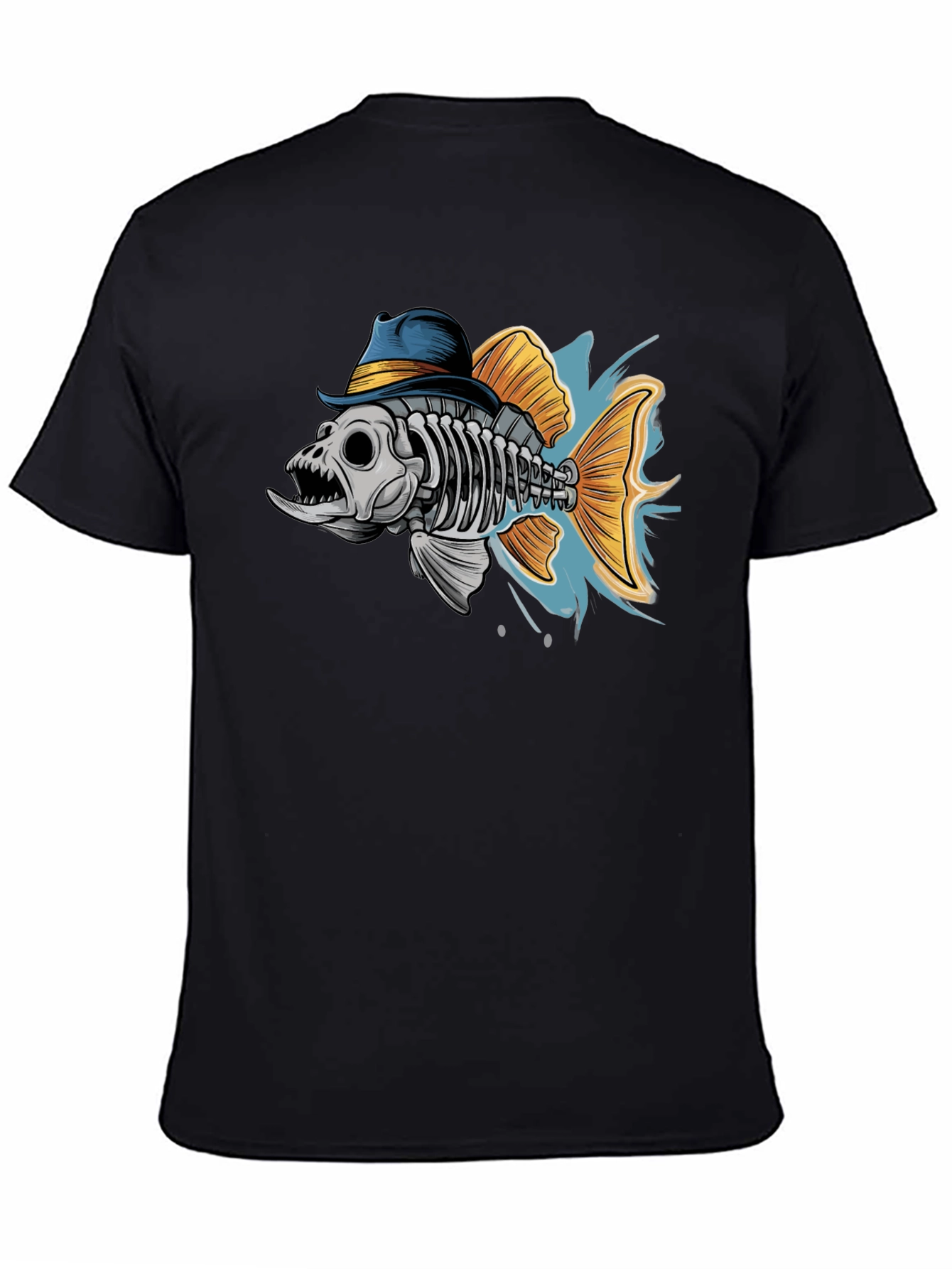Black Fish Skeleton in Hat Graphic T-Shirt view 4
