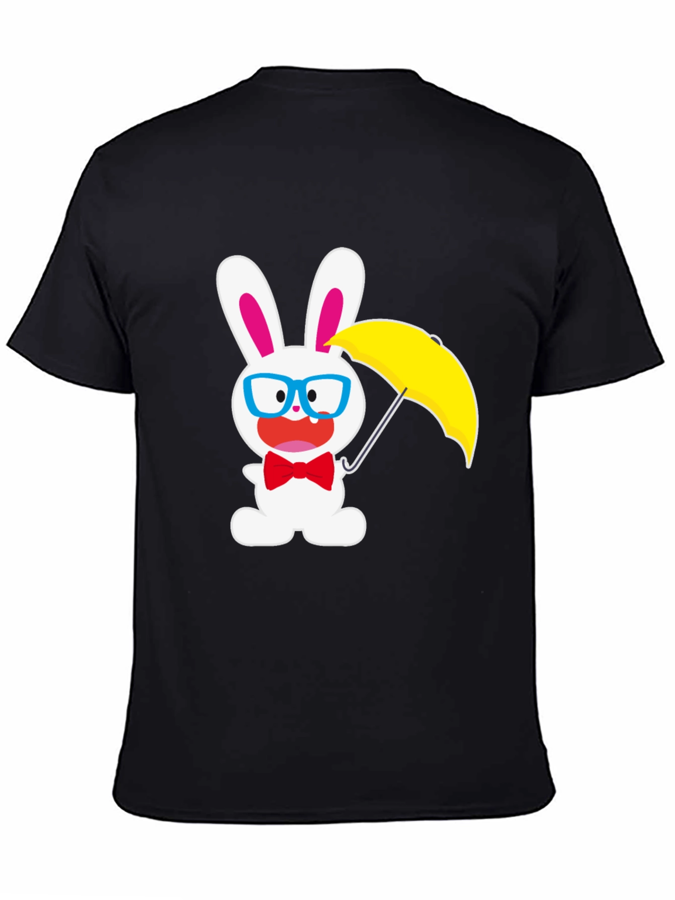 Black Funny Bunny T-Shirt: White Rabbit with Glasses & Umbrella view 4