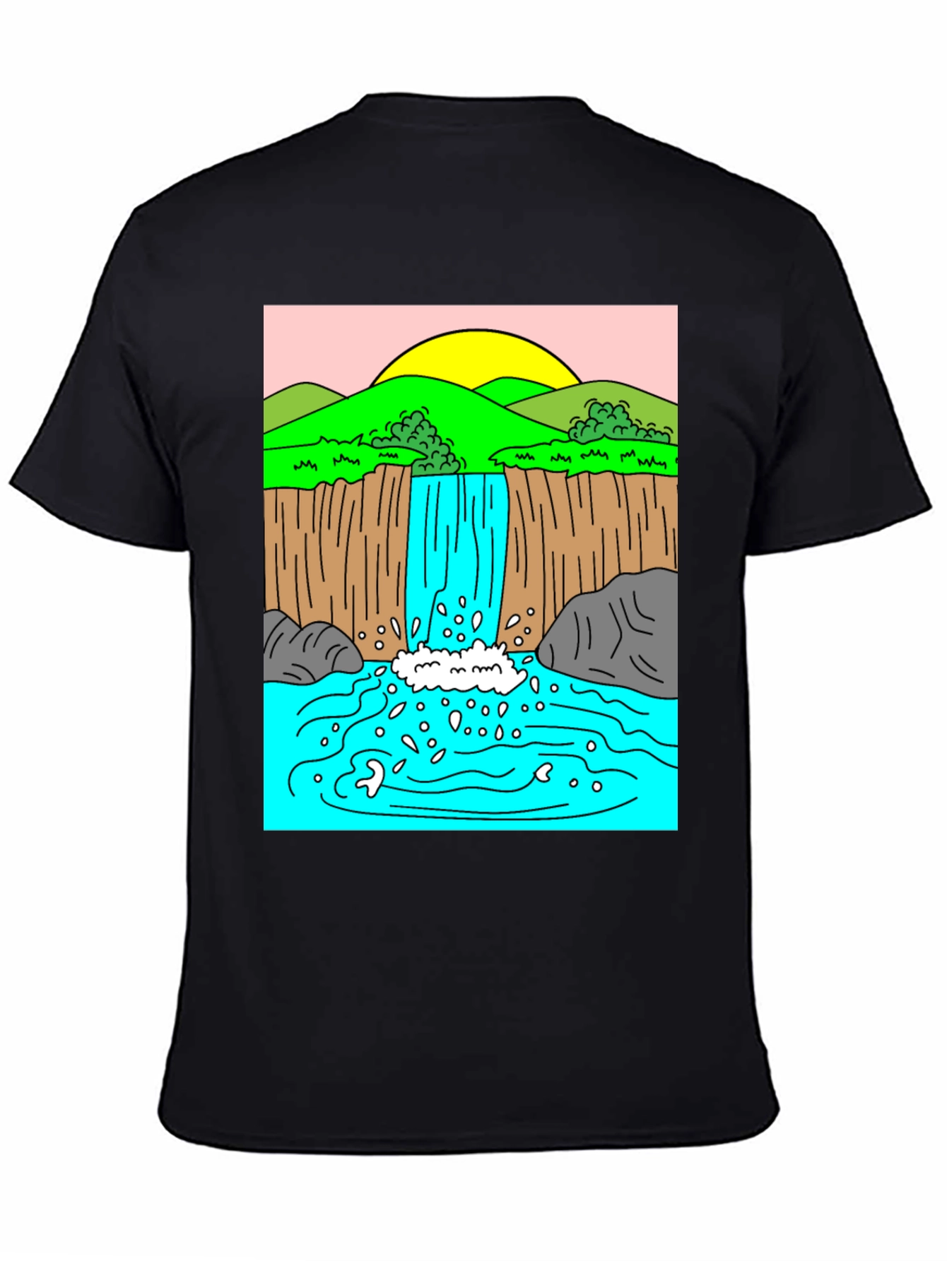 Black Waterfall Graphic Tee - Black Cotton Blend Casual T-Shirt view 4