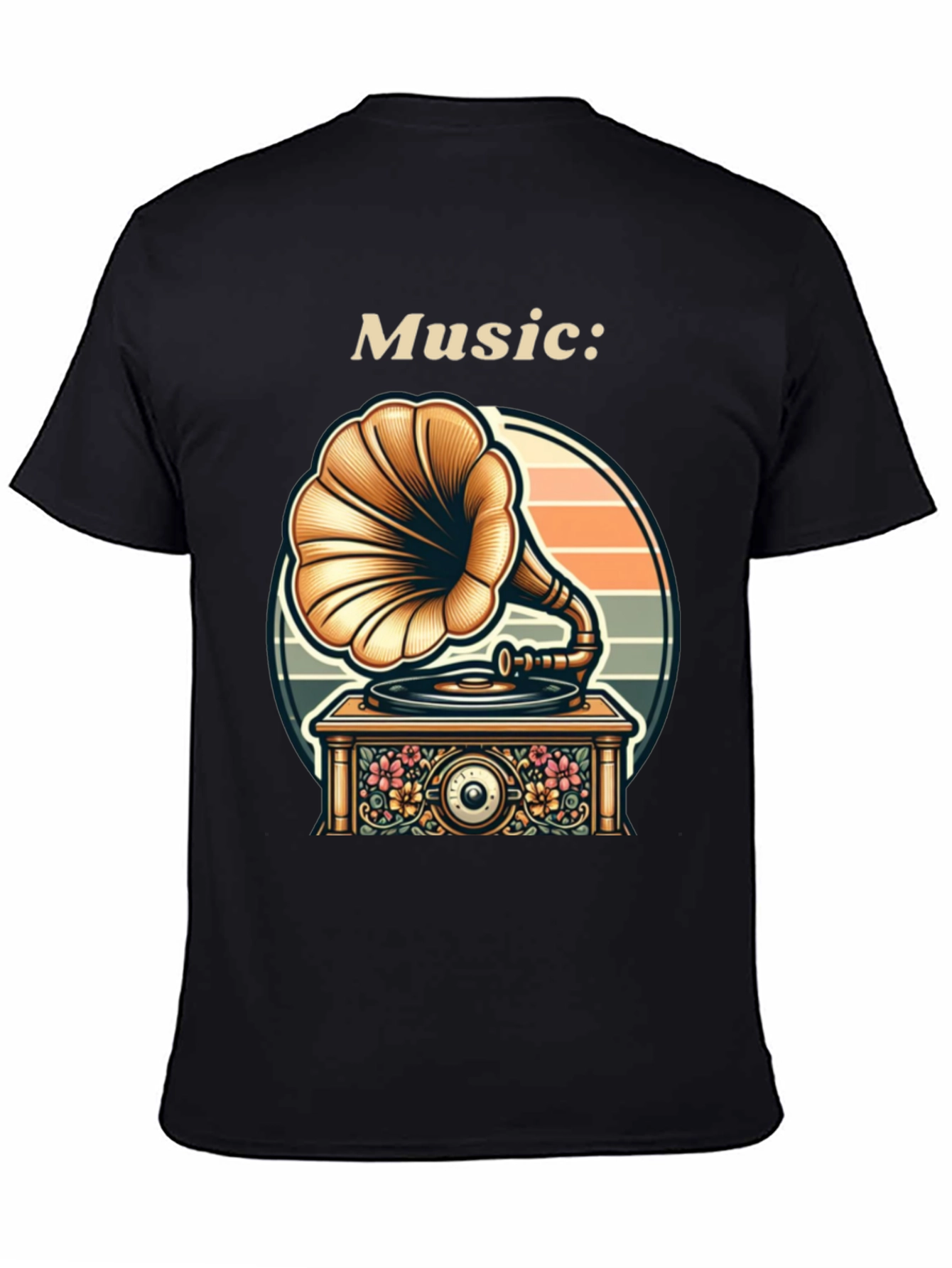 Black Vintage Music Lover T-Shirt - Gramophone Design view 4