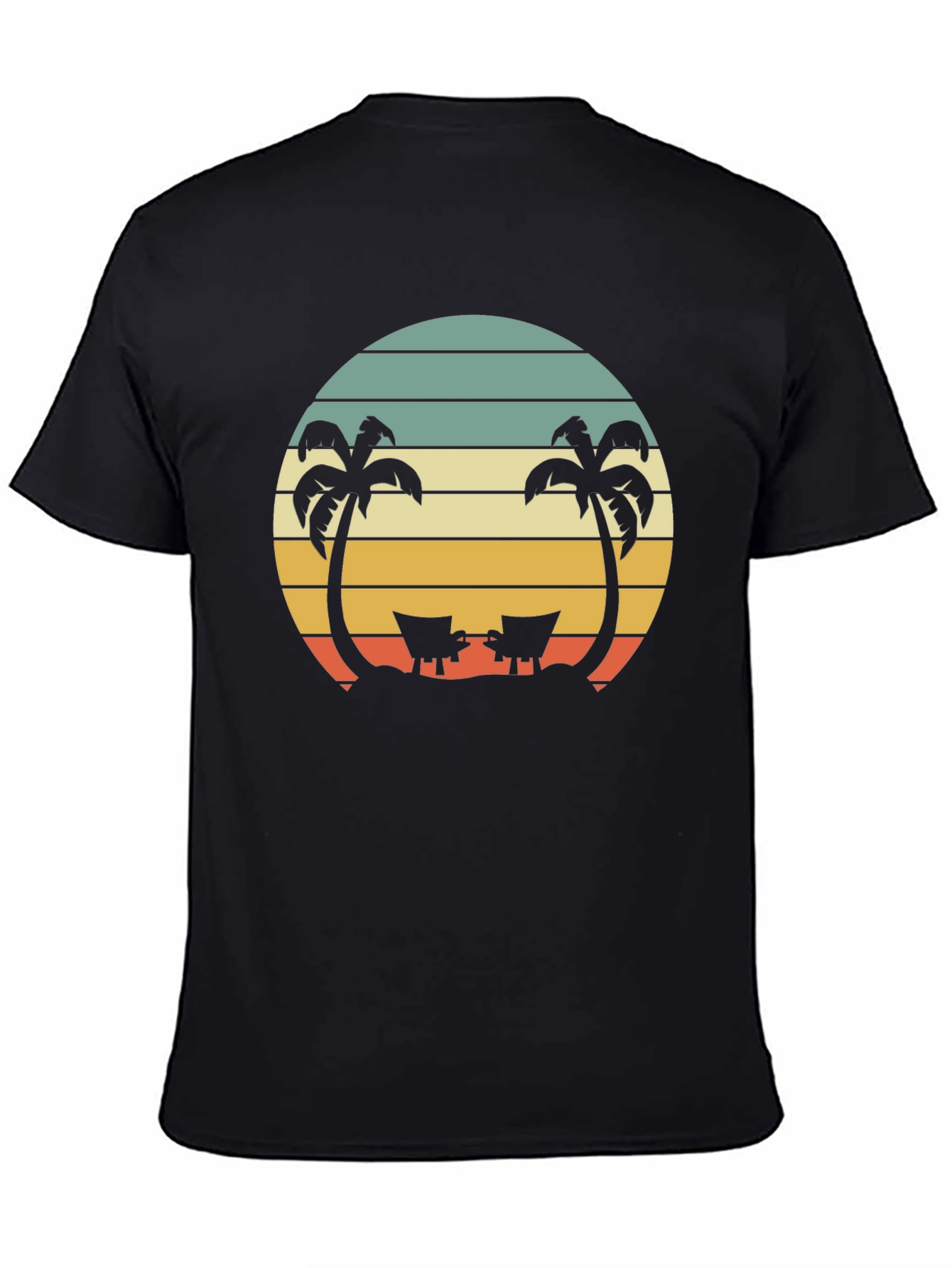 Black Retro Beach Sunset T-Shirt - Palm Trees & Deck Chairs view 4