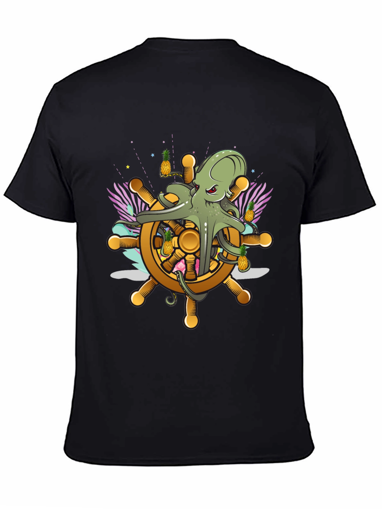Black Octopus Ship Wheel Graphic Tee - Nautical T-Shirt view 4