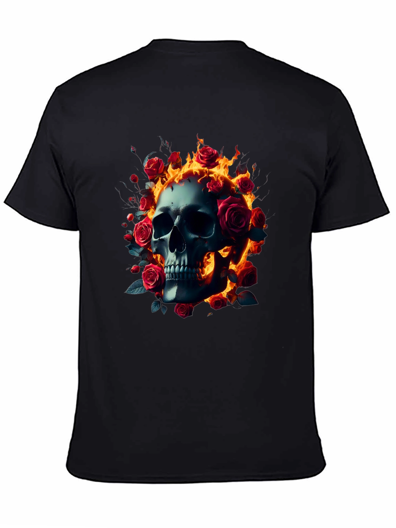 Black Skull Roses Flames T-Shirt - Dark Gothic Tee view 4
