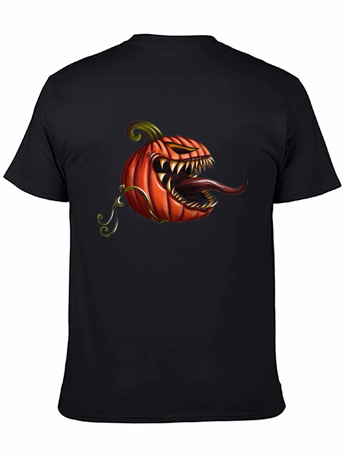 Black Men's Black T-Shirt with Spooky Pumpkin Design view 4