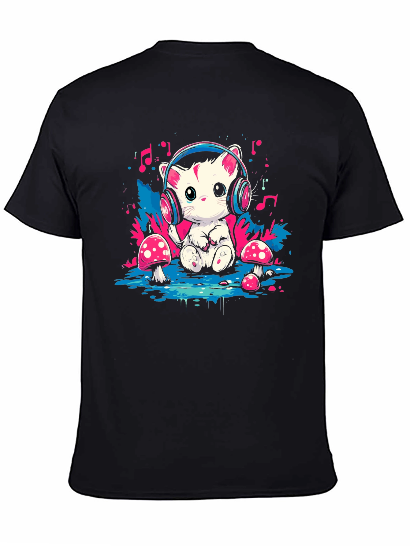 Black Cute Cat in Headphones Graphic T-Shirt view 4