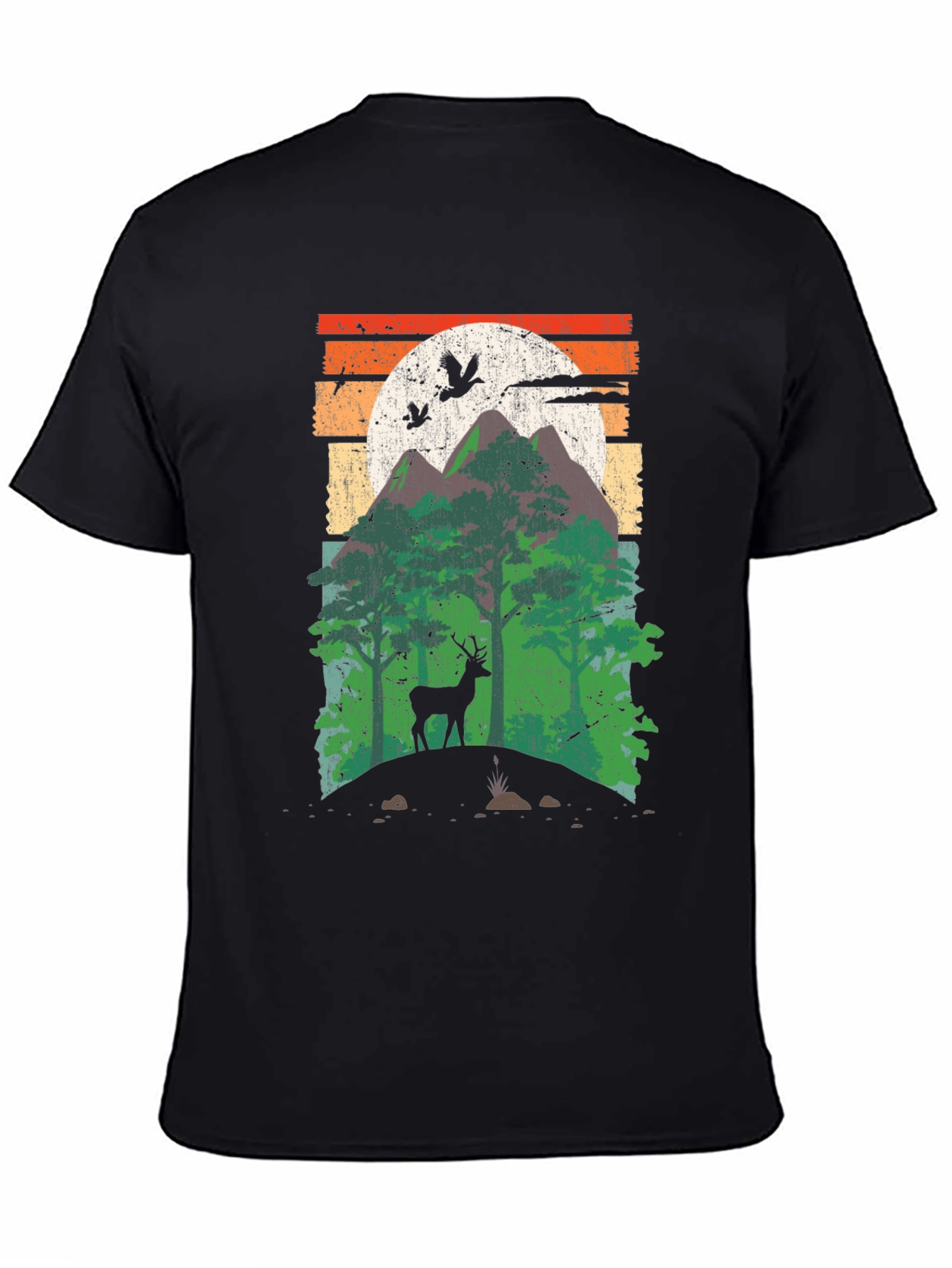 Black Retro Mountain Deer Graphic T-Shirt view 4