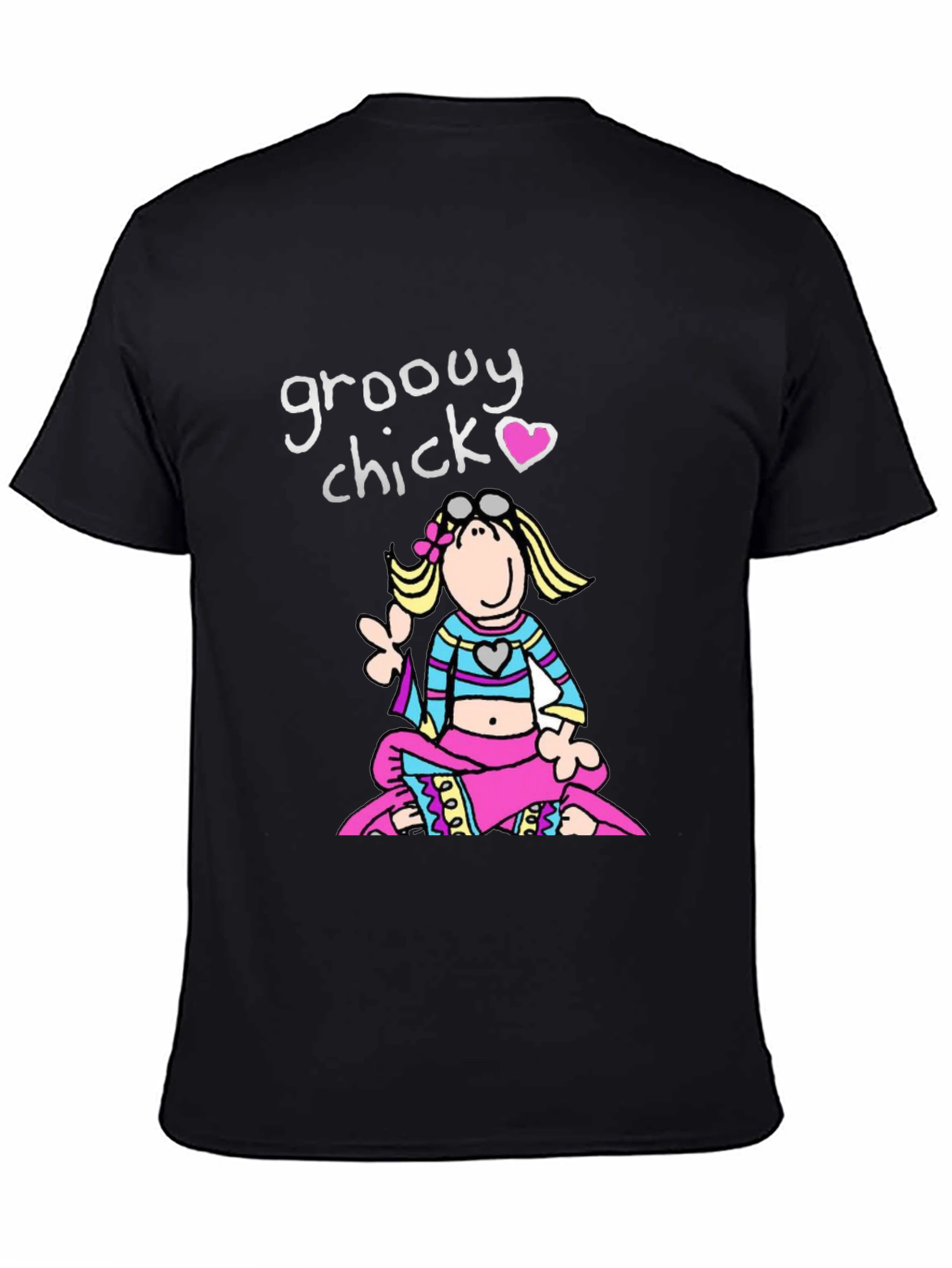 Black Groovy Chick T-Shirt - Retro Cartoon Peace view 4