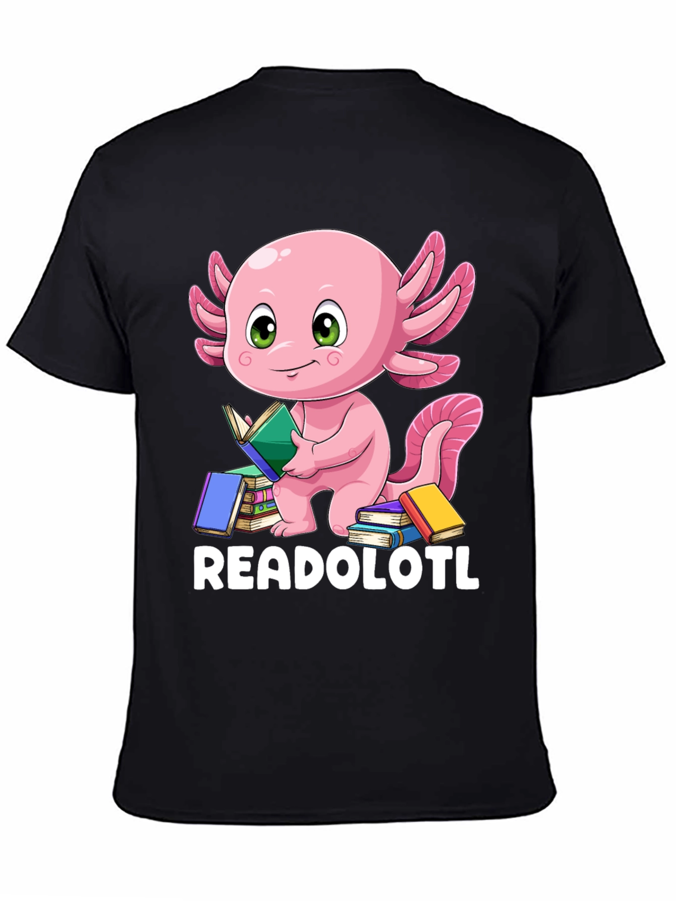 Black Readolotl Axolotl Reading Book T-Shirt view 4