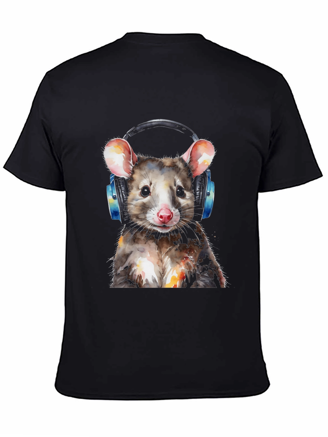 Black Cool Opossum T-Shirt with Headphones - Unique Graphic Tee view 4
