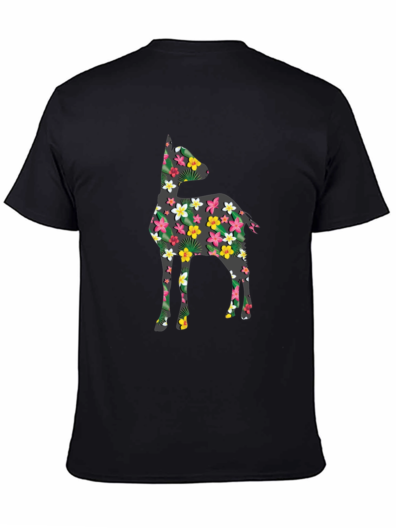 Black Floral Deer Print Black T-Shirt view 4