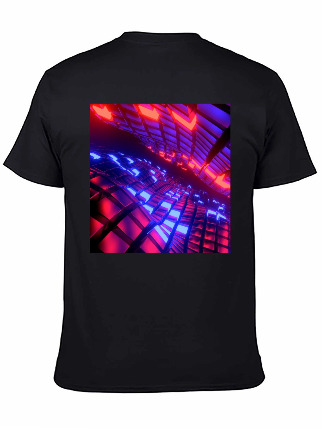 Black Cyber Grid T-Shirt: Red & Blue 3D Block Design view 4