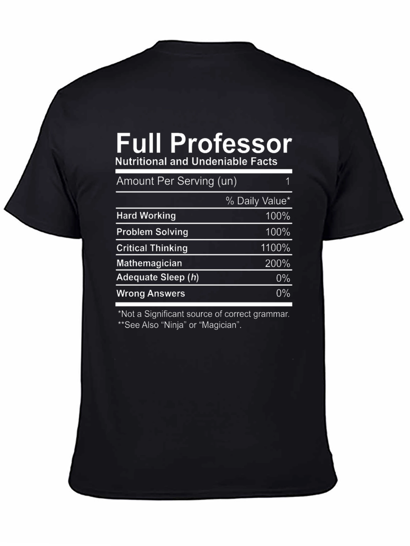 Black Full Professor T-Shirt Nutritional Facts Novelty Tee view 4