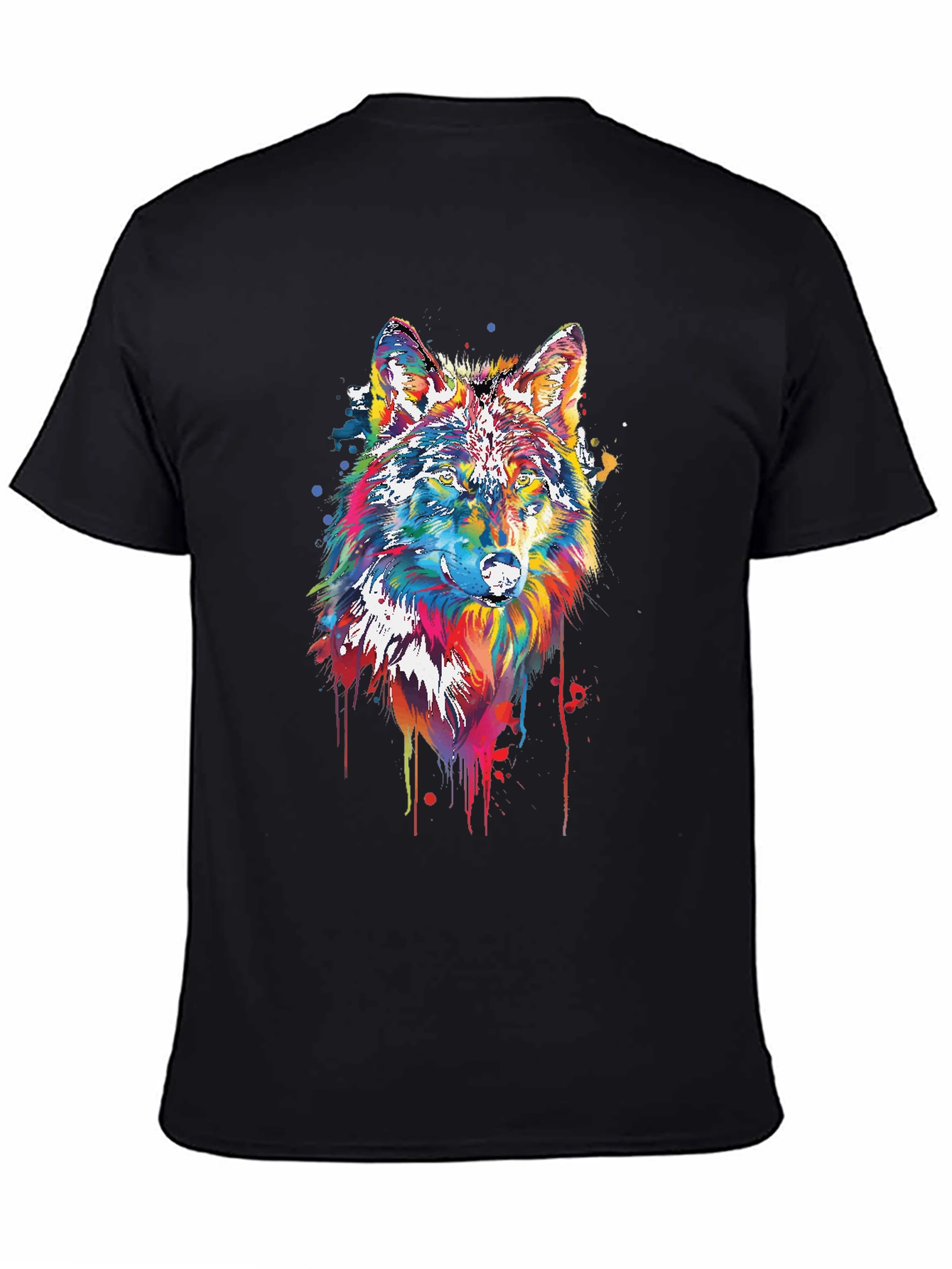 Black Colorful Wolf Graphic Tee - Black Cotton Blend view 4