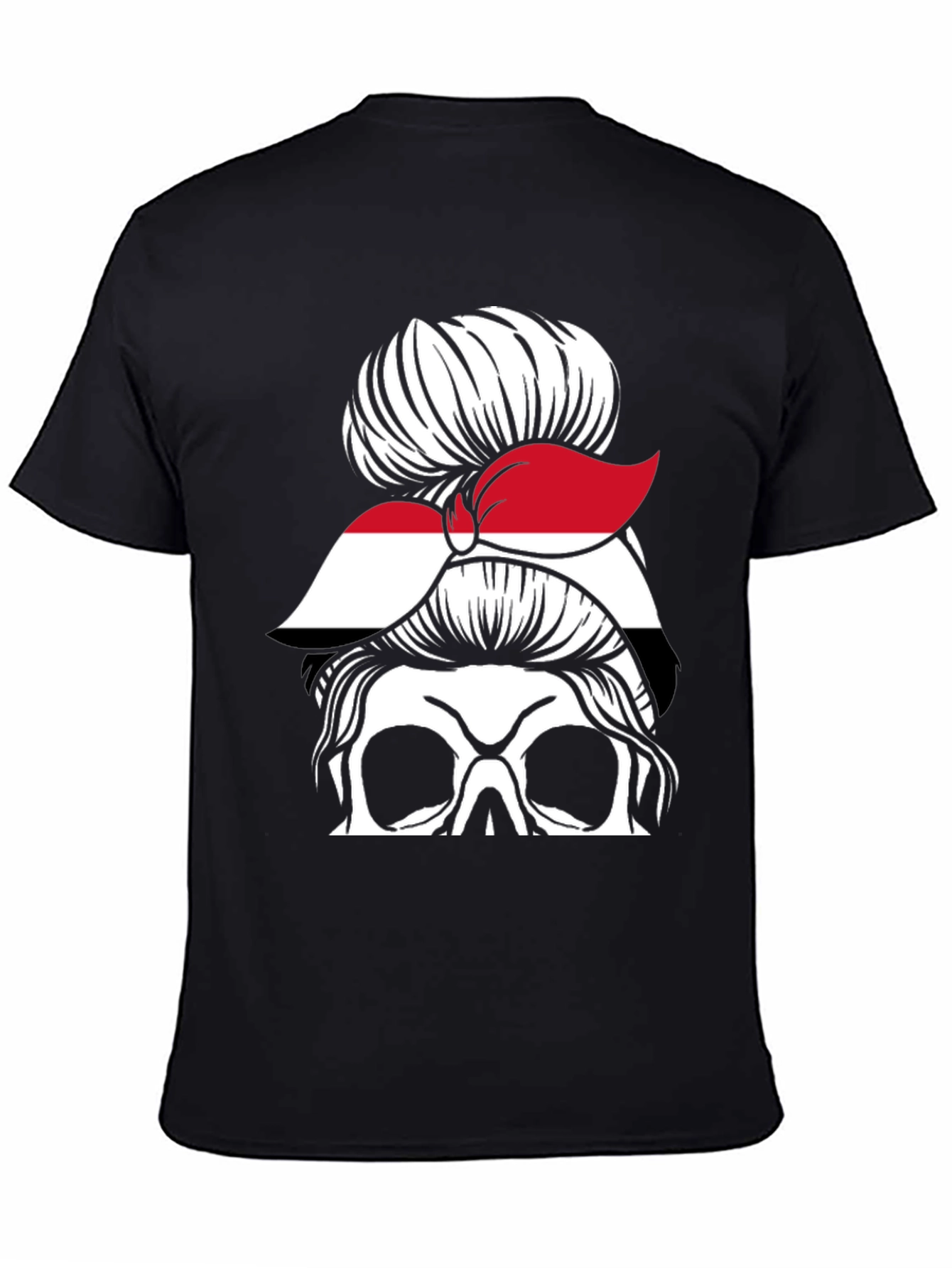 Messy Bun Yemen Flag Skull T-Shirt - 4