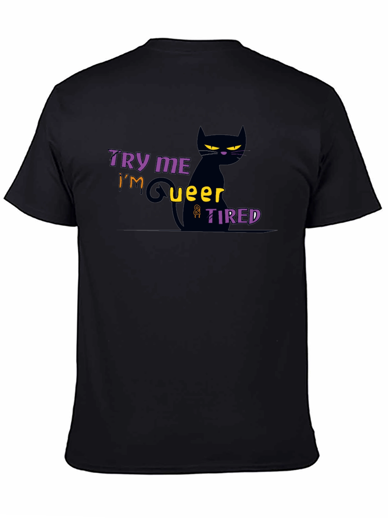 Black Try Me I'm Queer & Tired Black Cat T-Shirt view 4