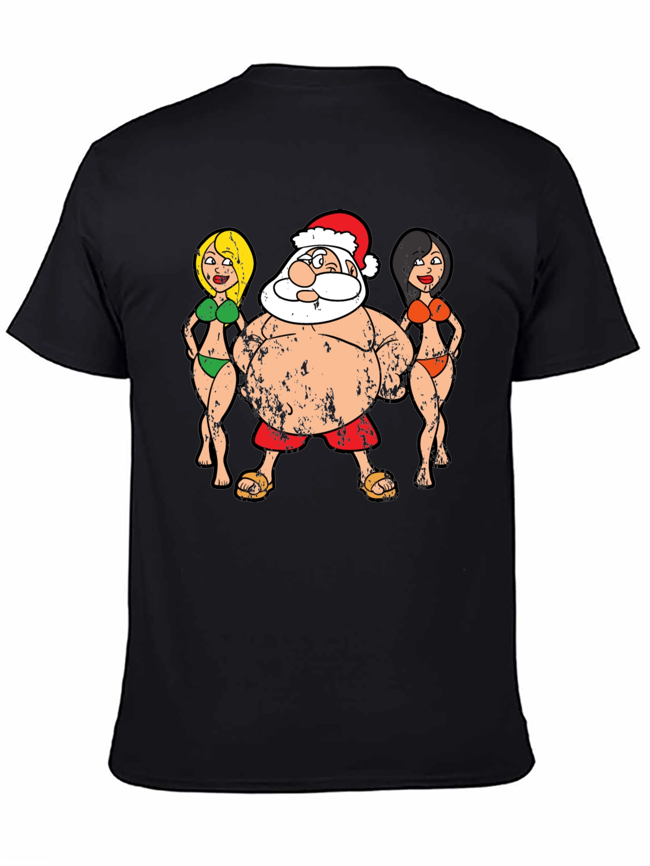 Black Funny Santa and Bikini Girls Graphic Tee view 4
