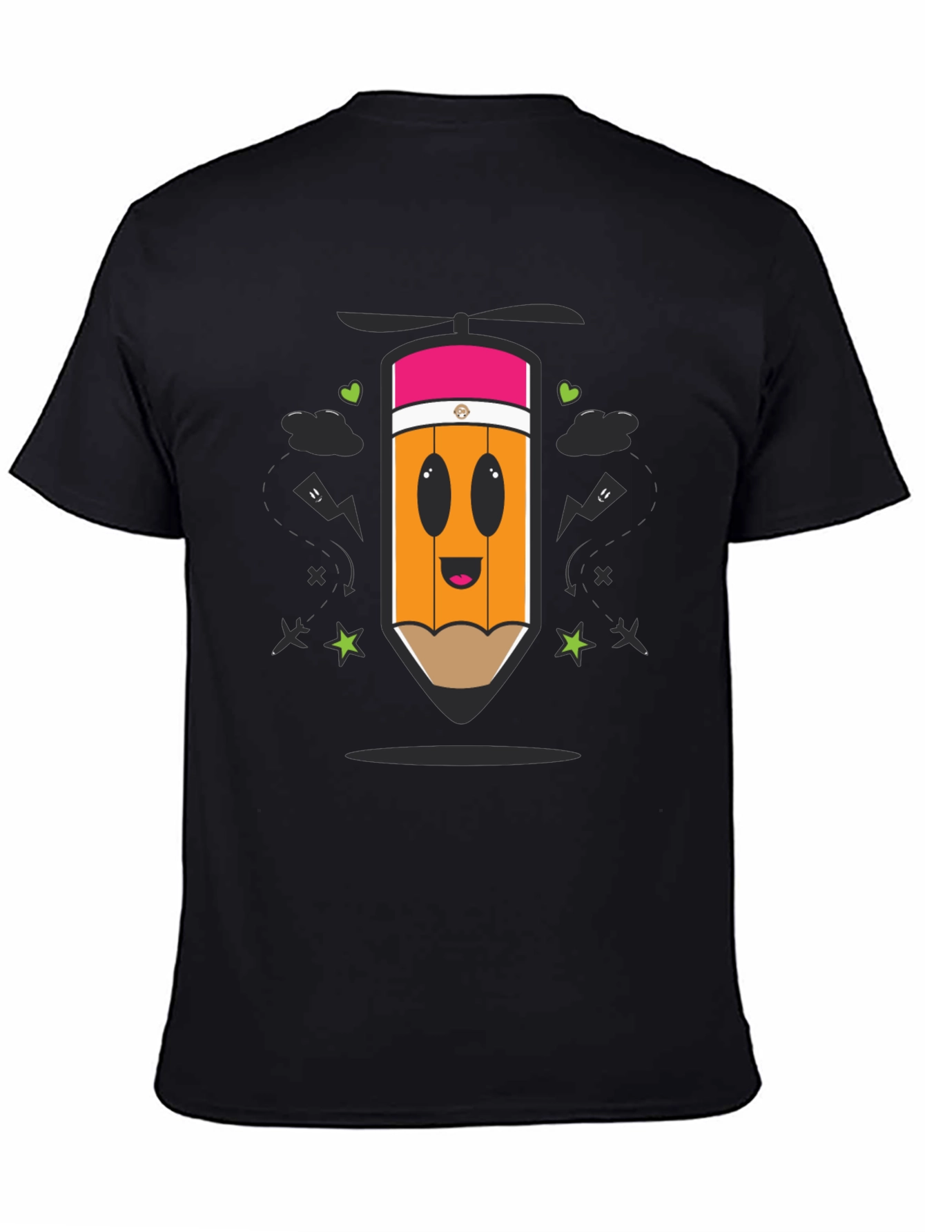 Black Cartoon Pencil Helicopter Graphic T-Shirt view 4