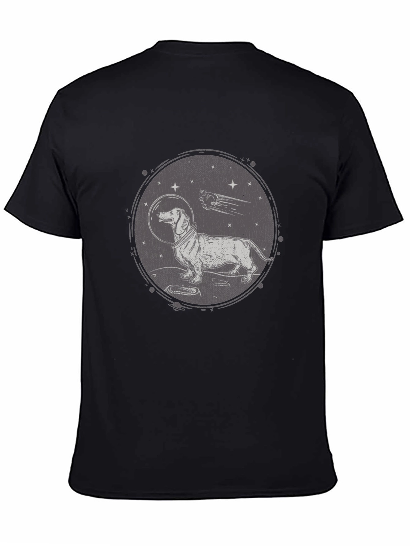 Black Dachshund Astronaut Graphic T-Shirt - Black Crew Neck view 4