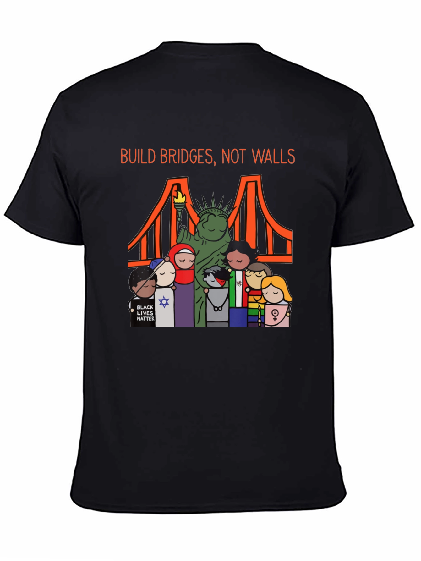 Black Build Bridges Not Walls Diversity Graphic Tee view 4