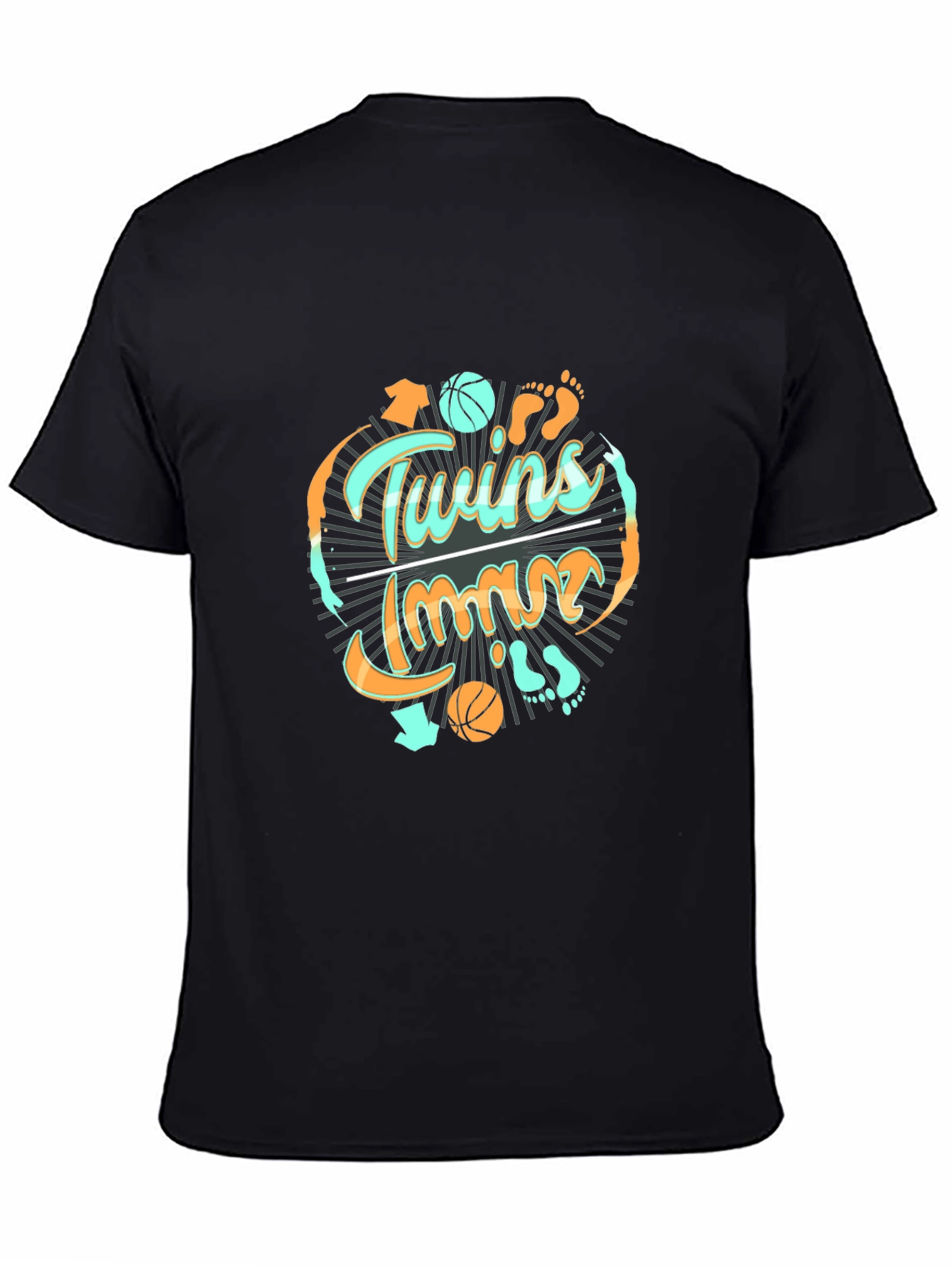Black Twins T-Shirt: Basketball & Footprints Design view 4