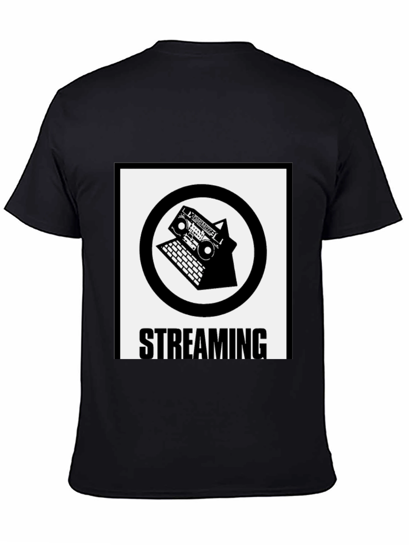 Black Streaming T-Shirt: Boombox & Laptop Design view 4