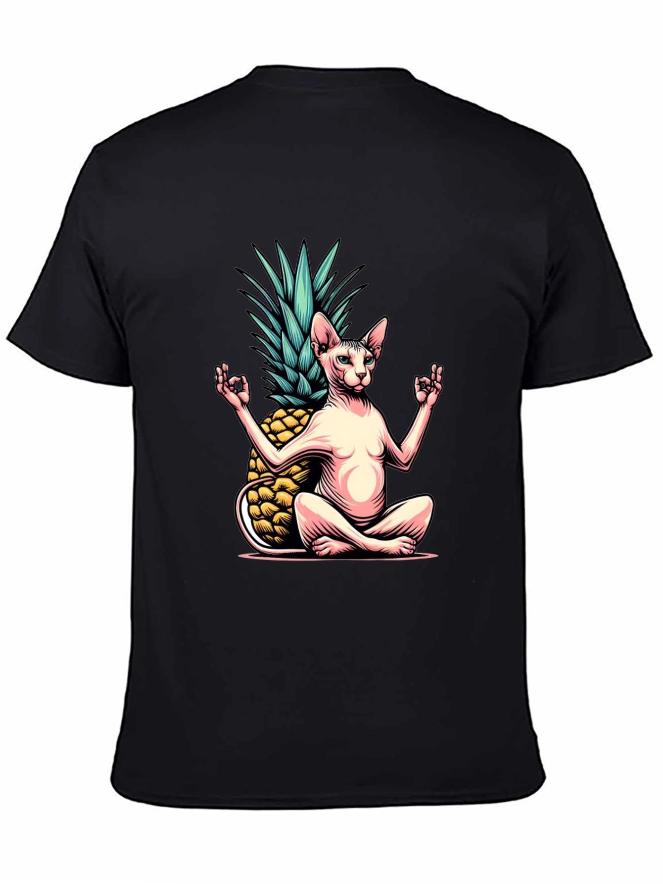 Black Zen Cat Pineapple T-Shirt - Meditating Sphynx Tee view 4