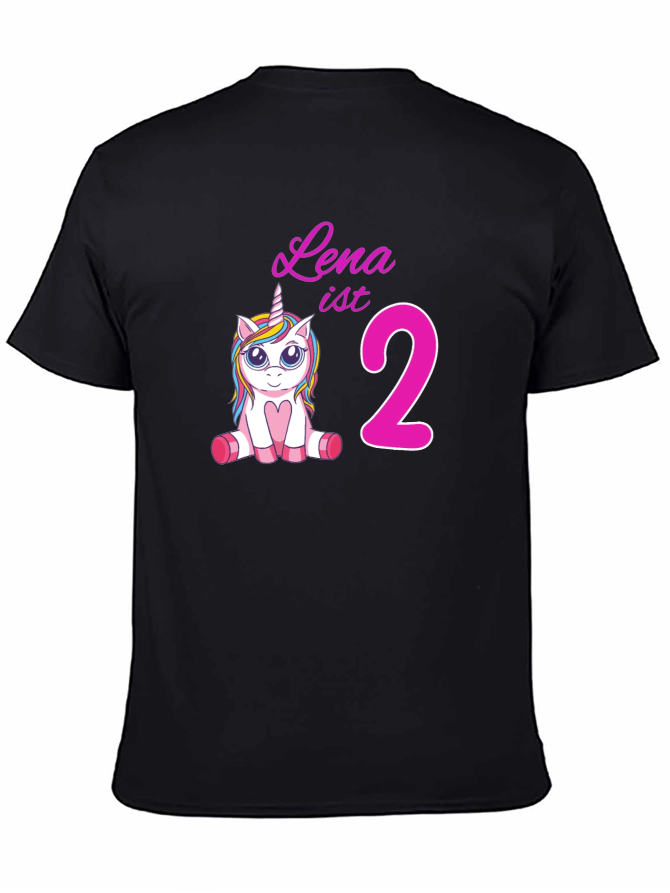 Black Cute 'Lena is 2' Unicorn Birthday Black T-Shirt view 4