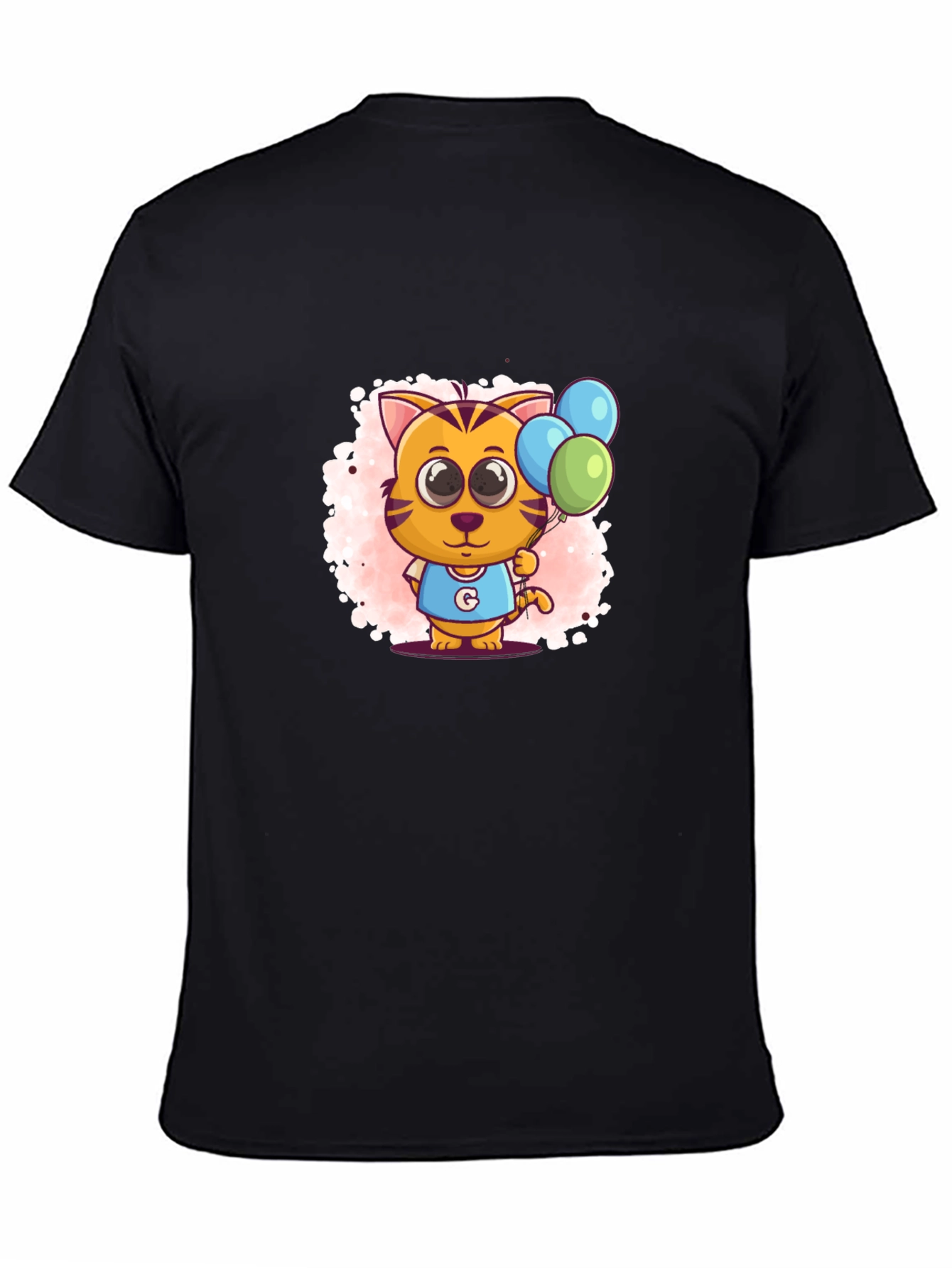 Black Cute Cartoon Cat With Balloons Black T-Shirt view 4