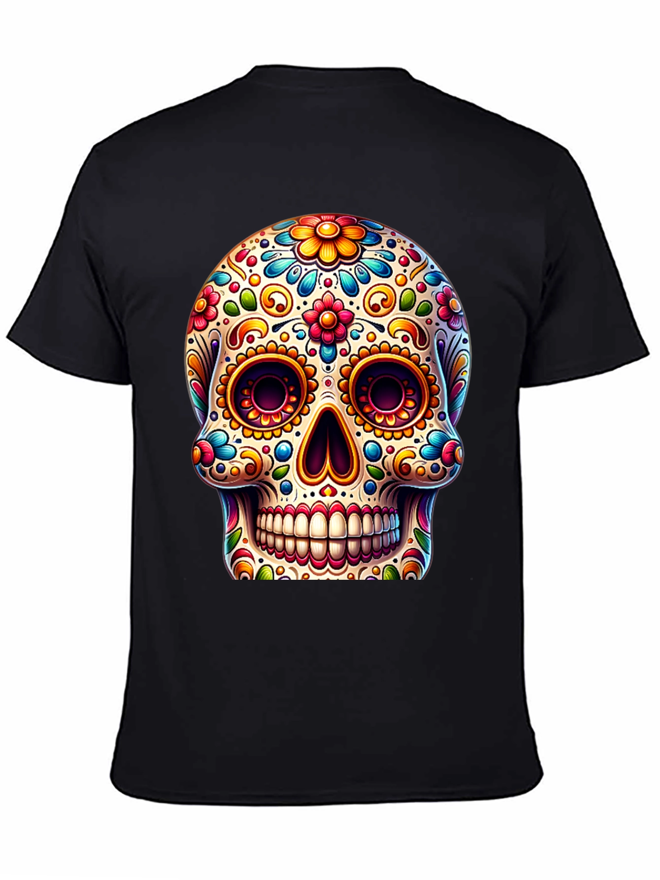 Black Sugar Skull T-Shirt: Colorful Day of the Dead Design view 4