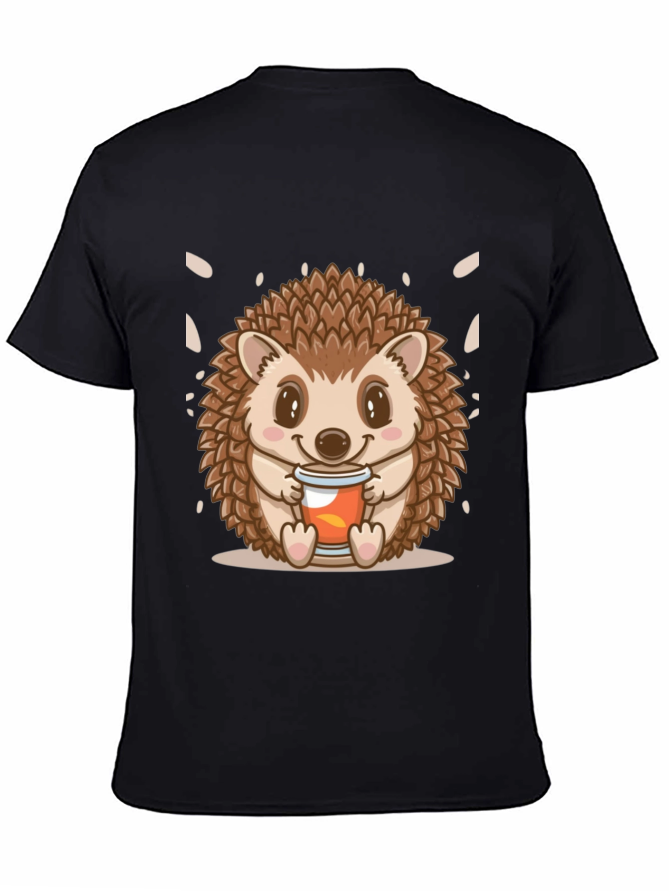 Black Cute Hedgehog Holding Drink Graphic Tee - Black view 4