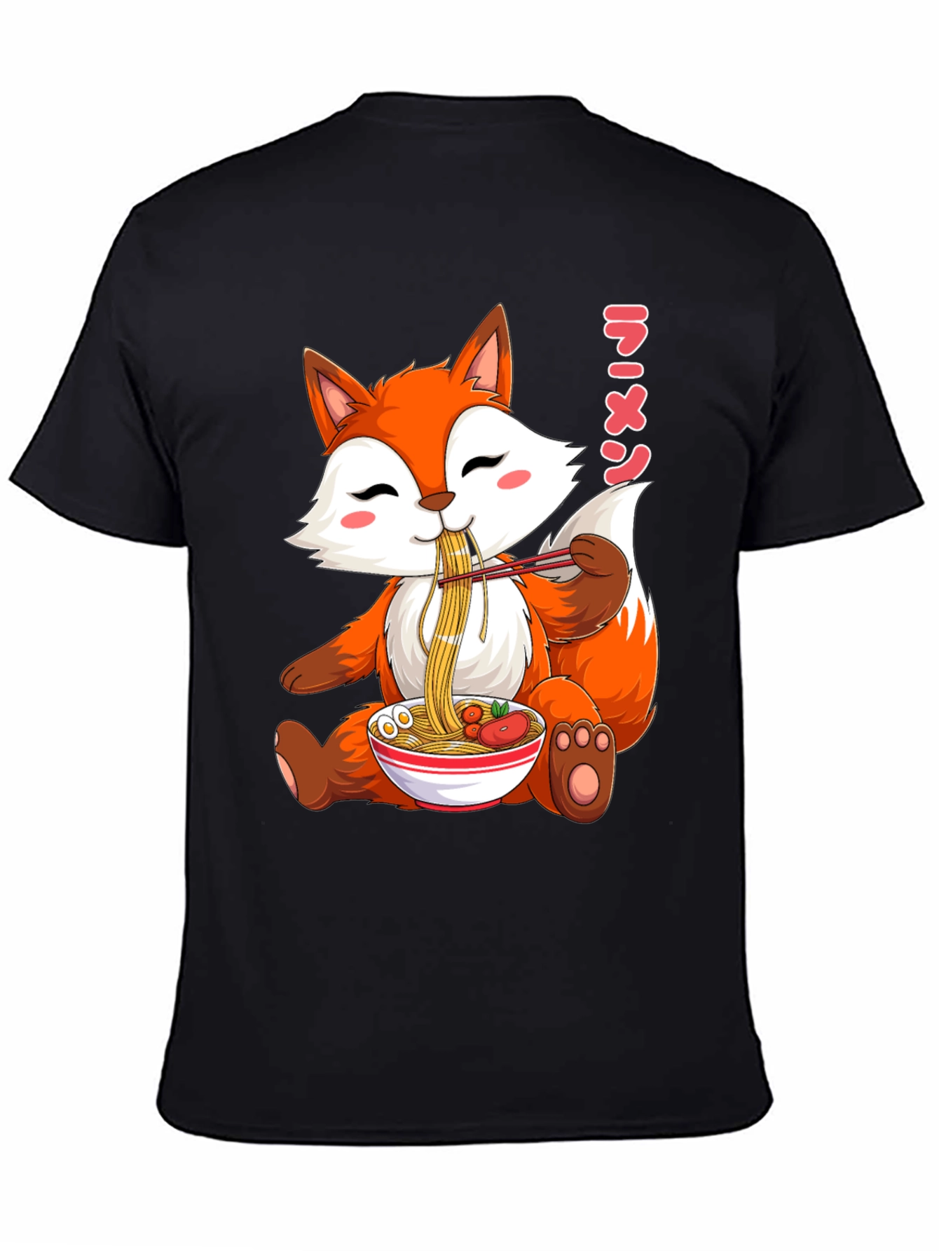 Black Cute Fox Ramen T-Shirt, Kawaii Anime Tee view 4