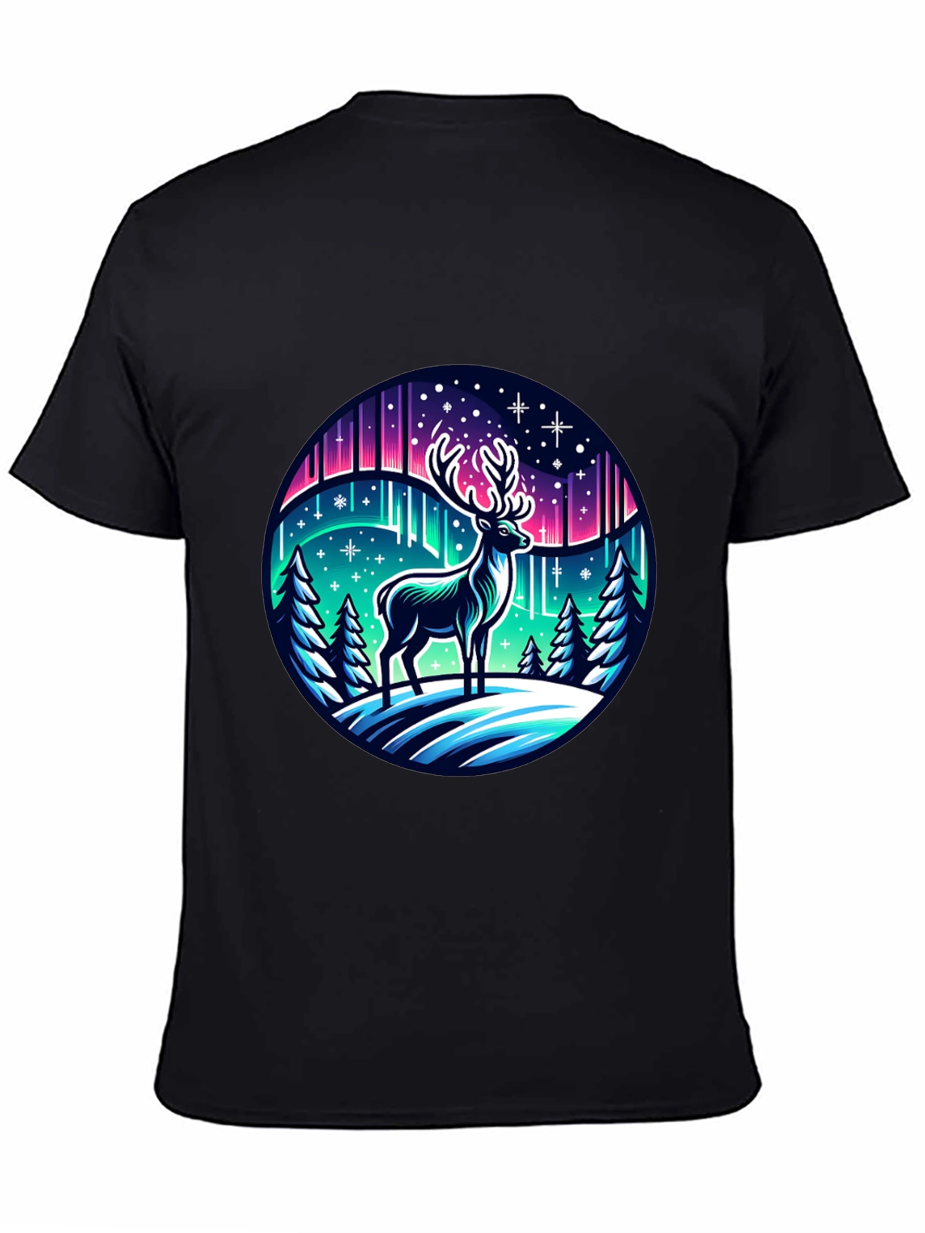 Black Winter Deer Graphic Tee - Northern Lights Design view 4