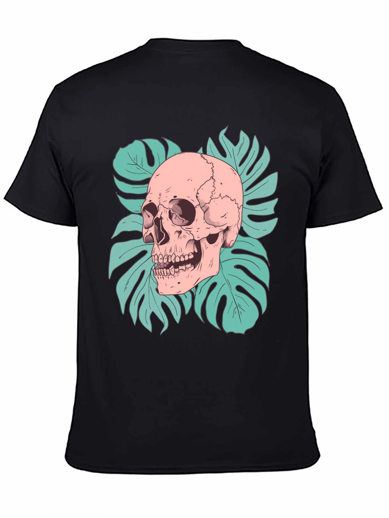 Black Skull & Monstera Leaf Graphic Tee - Black view 4