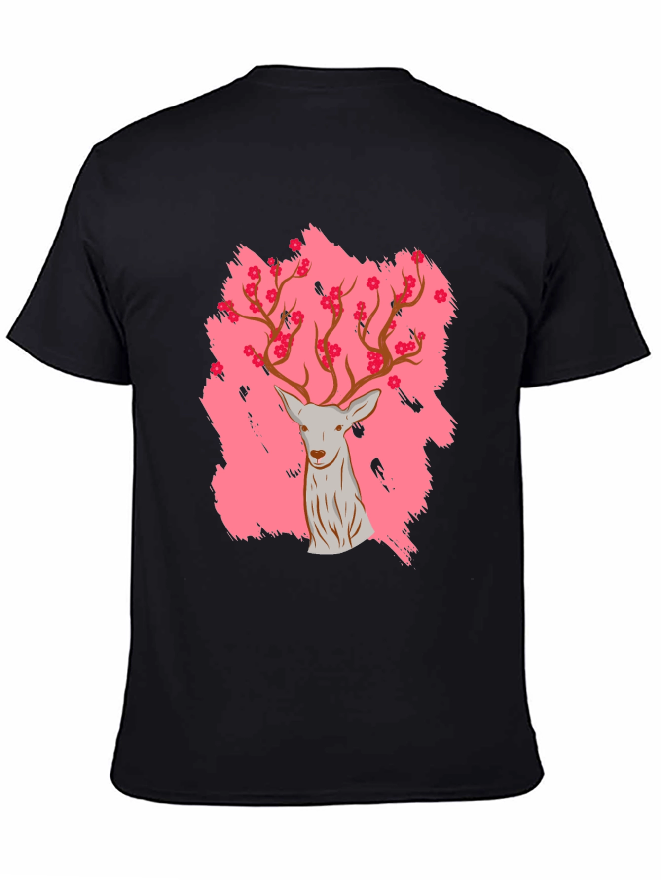 Black Deer with Floral Antlers Graphic Black T-Shirt view 4