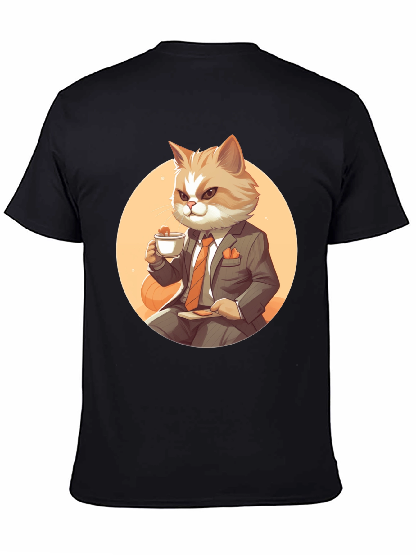 Black Cat Boss T-Shirt: Cartoon Cat in Suit Sipping Tea view 4