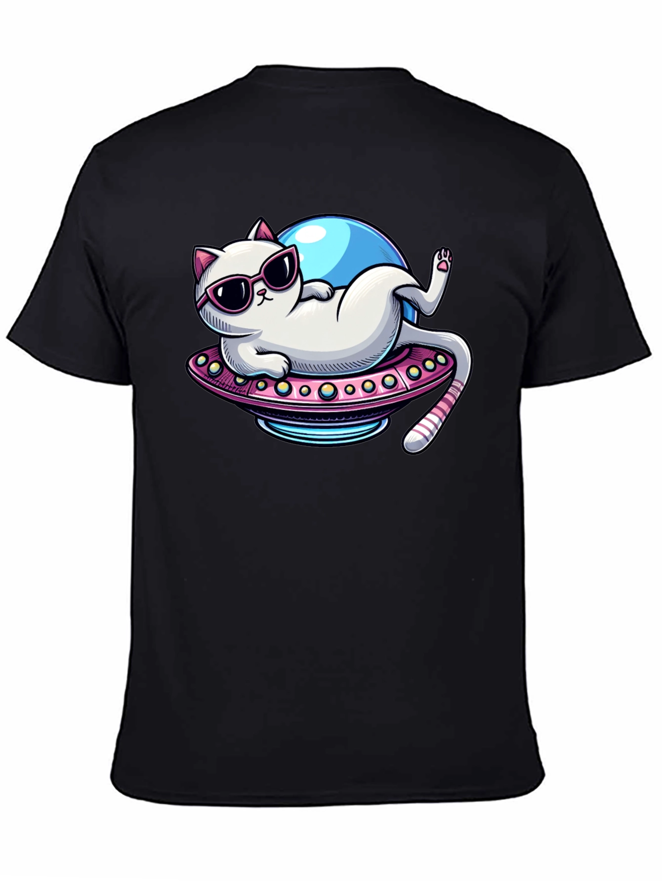 Black Cat in UFO T-Shirt - Lazy Astronaut Kitten Tee view 4