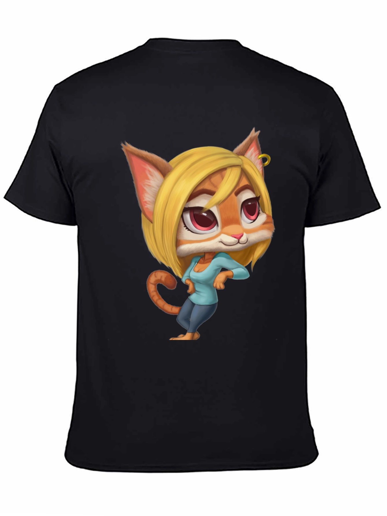 Black Cartoon Cat Girl T-Shirt - Unique Design view 4