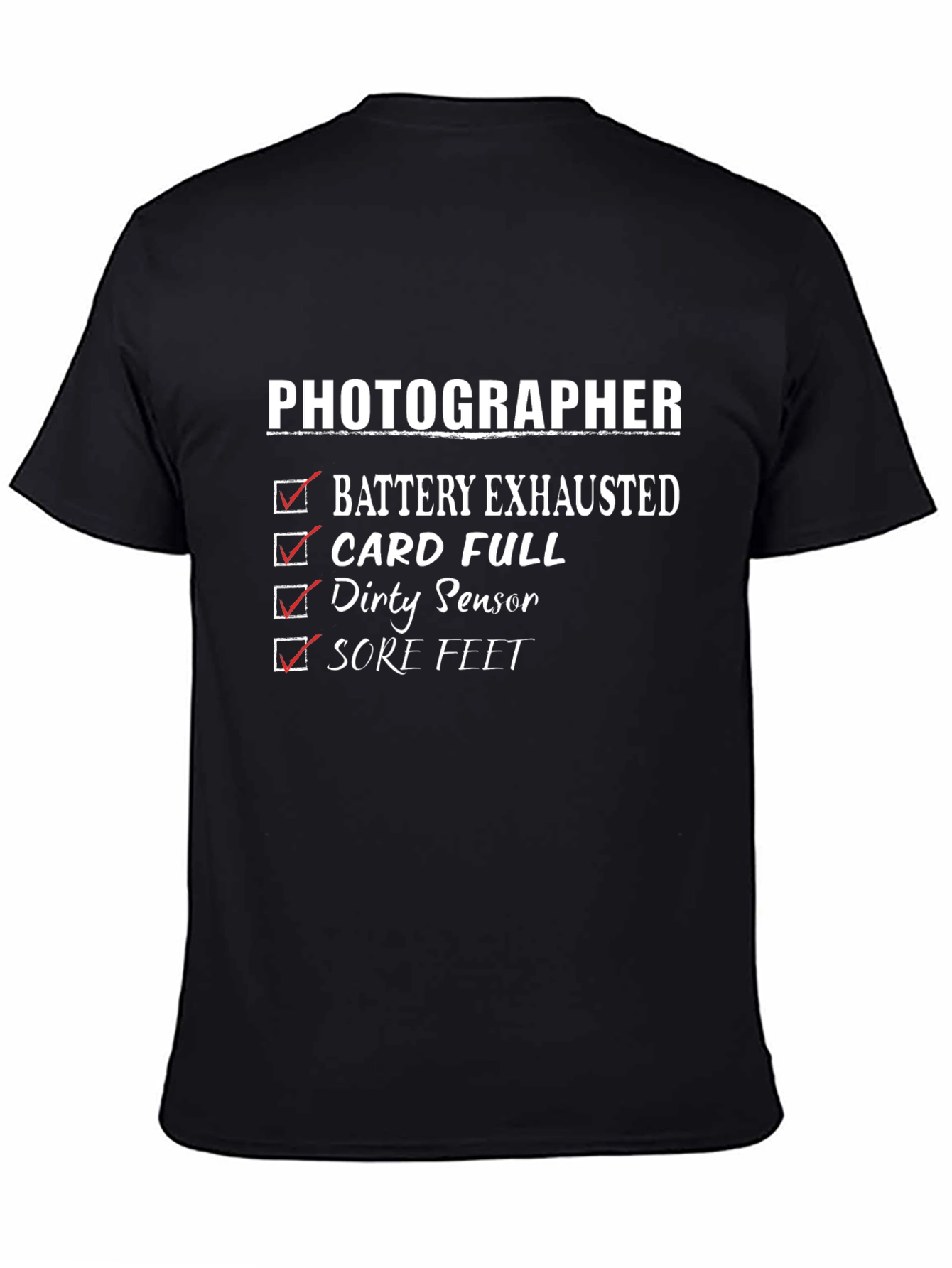 Black Photographer Checklist Graphic T-Shirt - Battery, Card, Sensor, Feet view 4