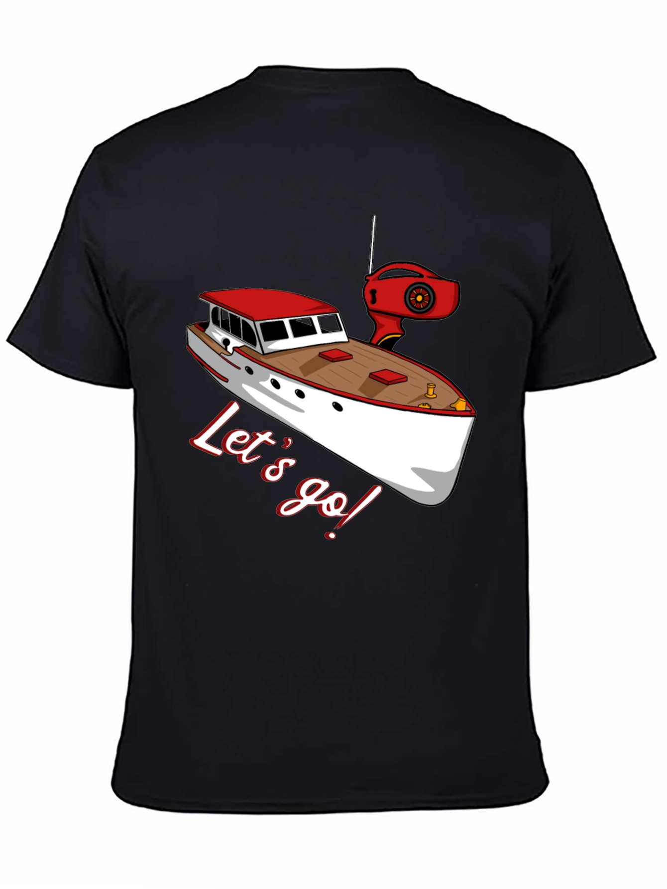 Black Let's Go Boating T-Shirt: Red & White Boat Graphic view 4