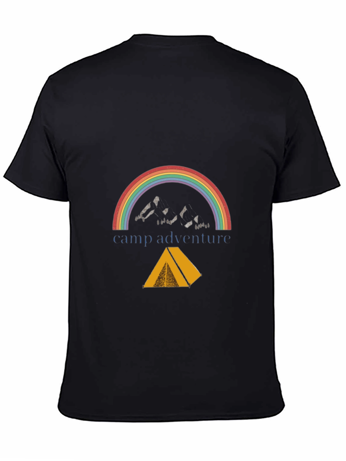 Black Camp Adventure Black T-Shirt, Rainbow Mountain Tent Design view 4