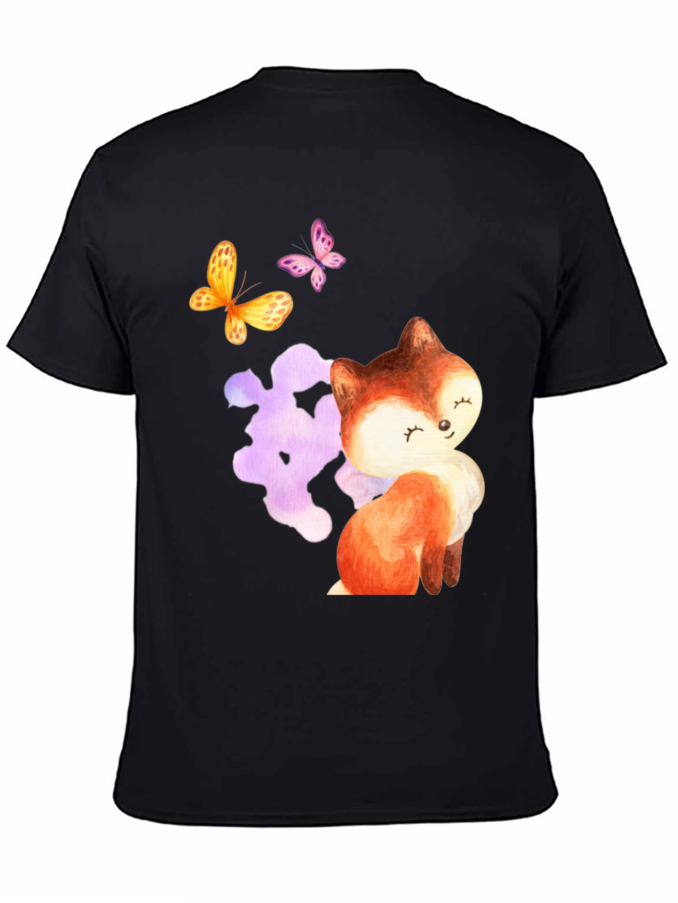 Black Cute Fox & Butterfly Graphic Tee - Stylish Comfort view 4