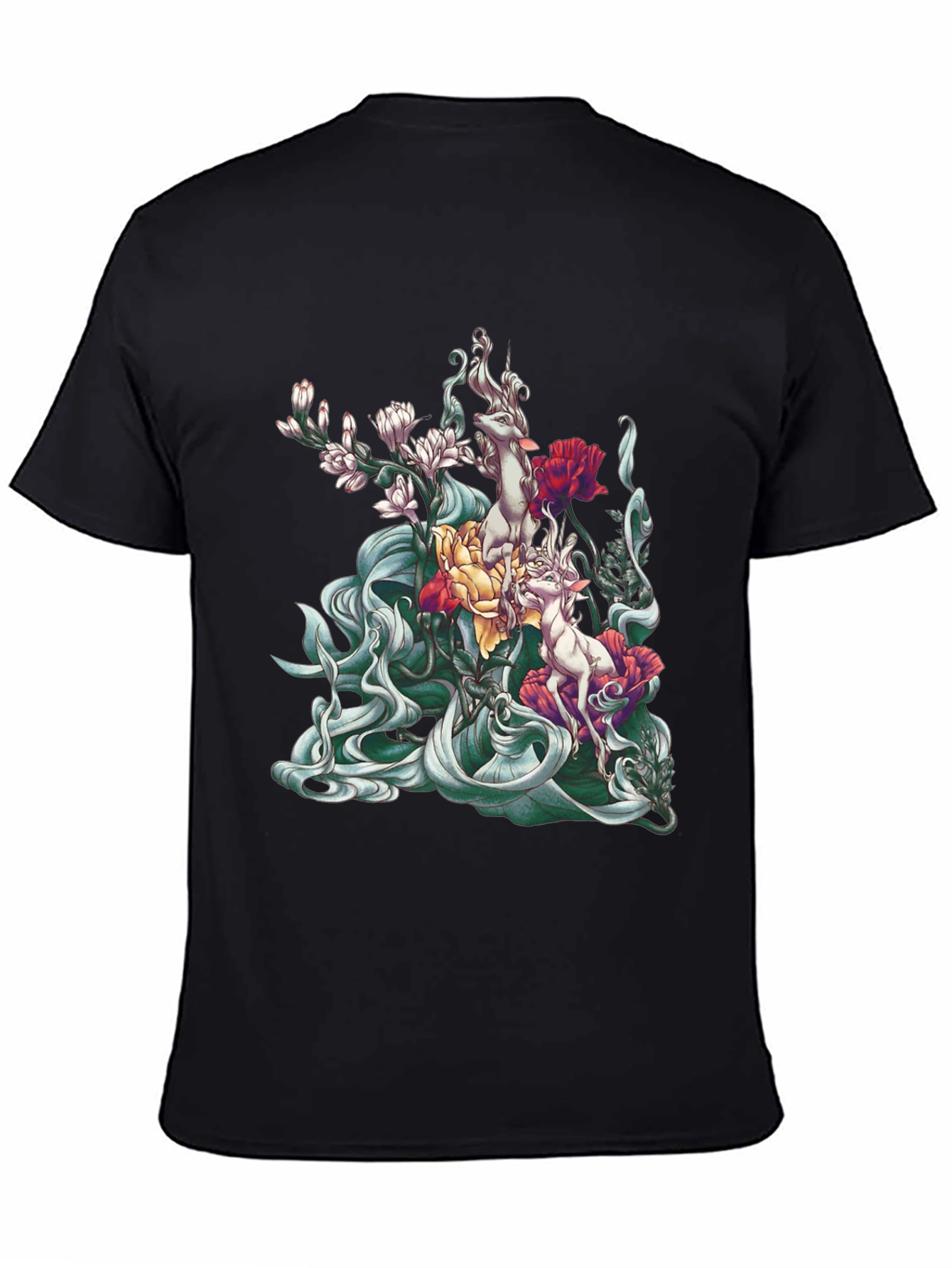 Black Floral Deer Graphic Tee - Unique Black T-Shirt view 4
