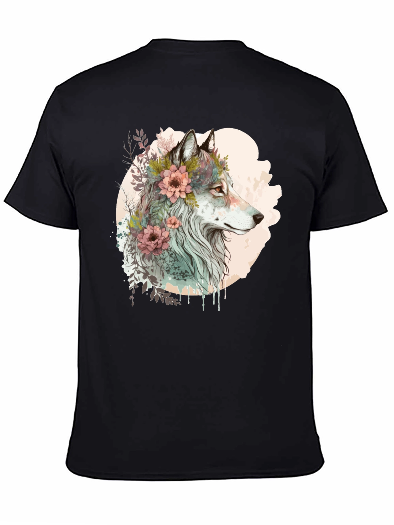 Black Wolf and Floral Graphic Tee - Stylish Men's Black T-Shirt view 4