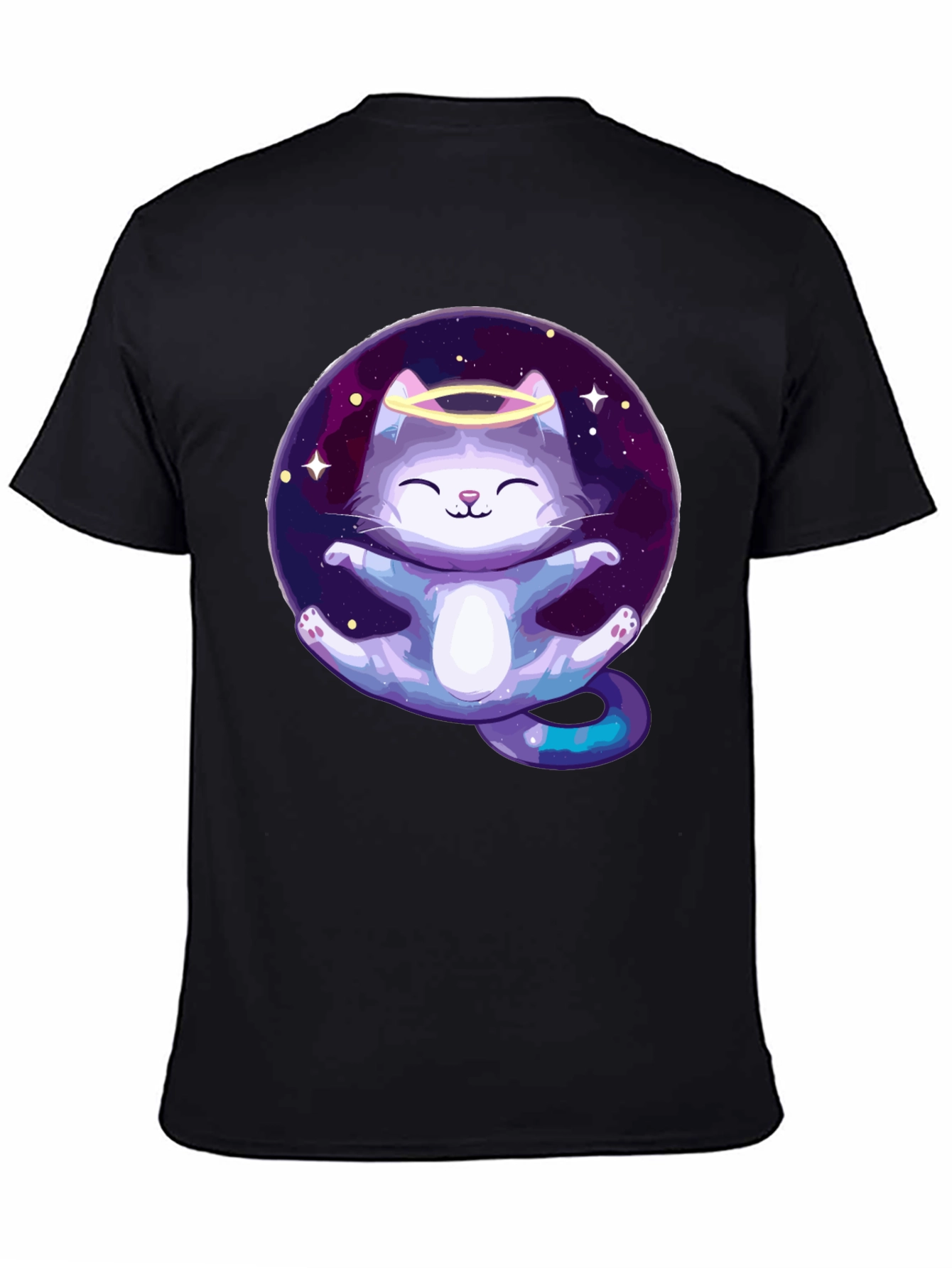 Black Cosmic Cat Angel T-Shirt - Black Cotton Tee view 4