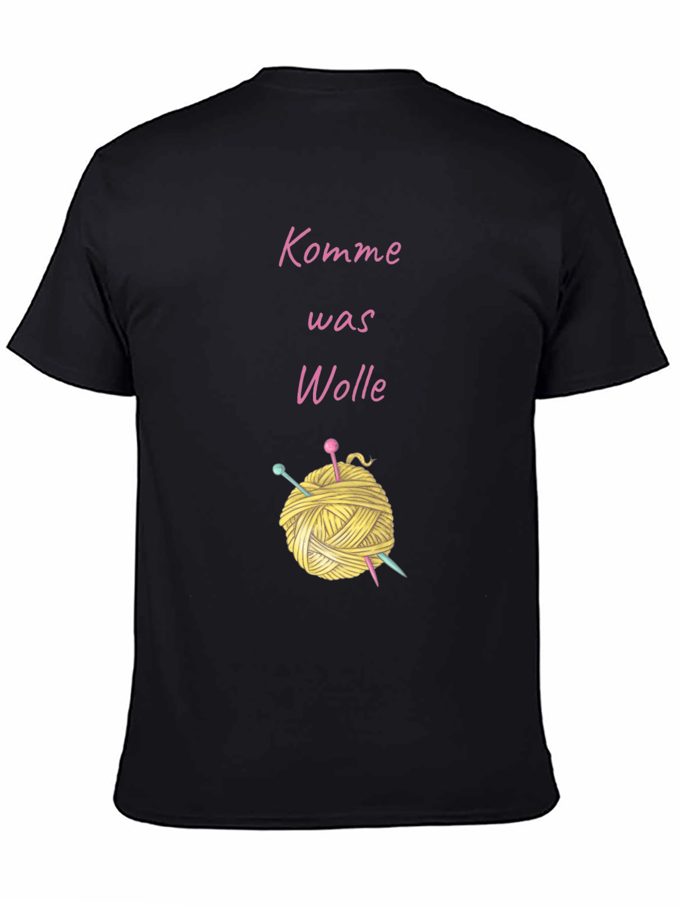 Black Knitting Lover's T-Shirt - "Komme Was Wolle" Yarn Design view 4