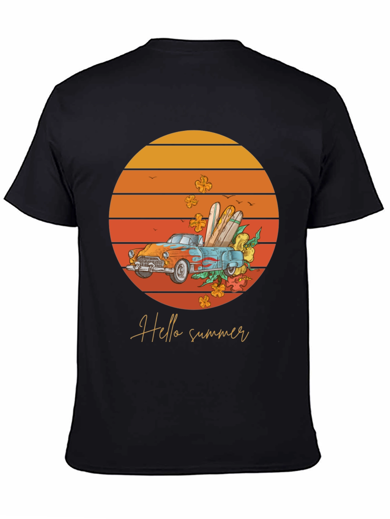 Black Hello Summer T-Shirt - Sunset Car Graphic Tee view 4