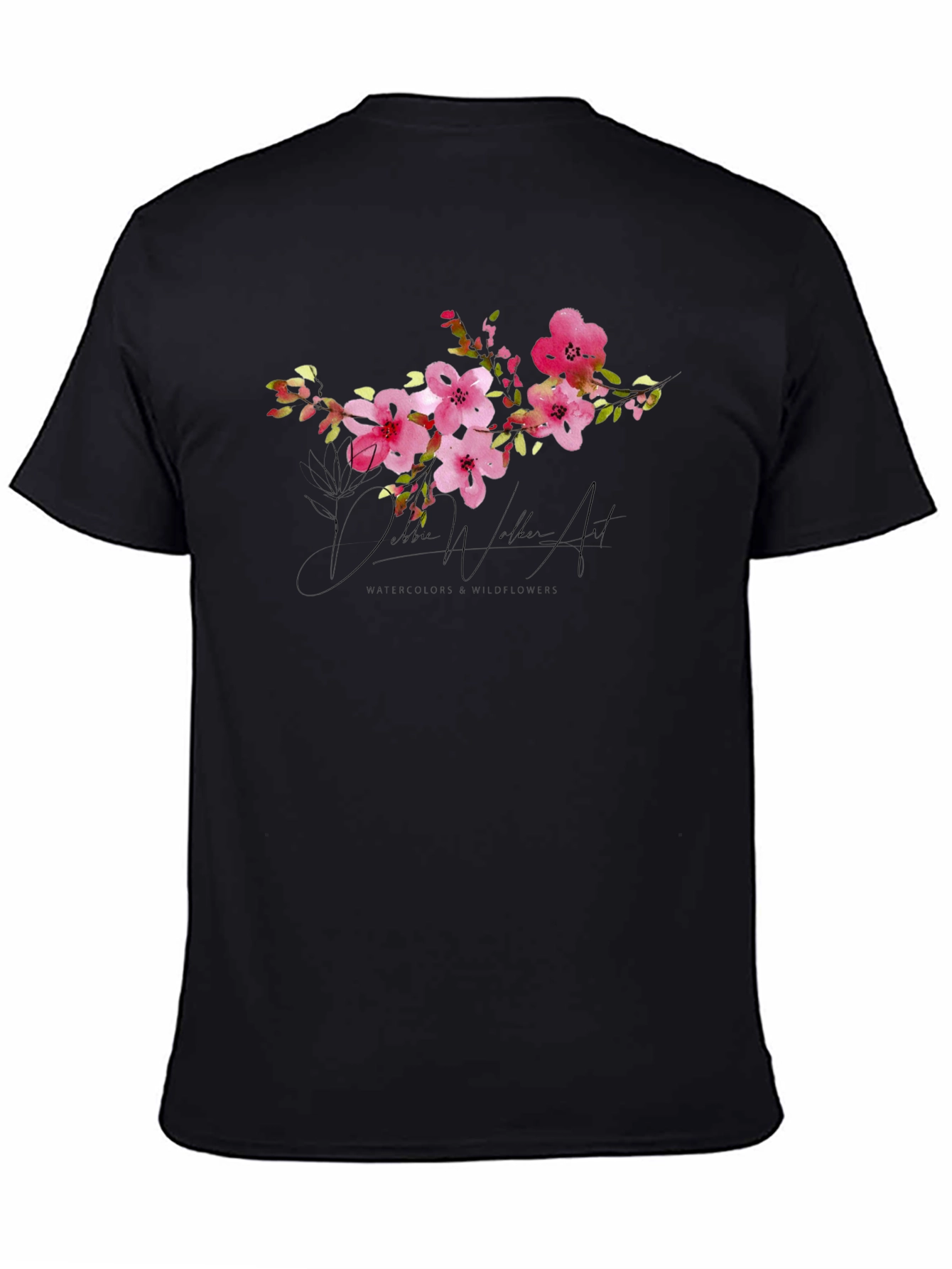 Black Floral Watercolor Art T-Shirt - Unique Design view 4