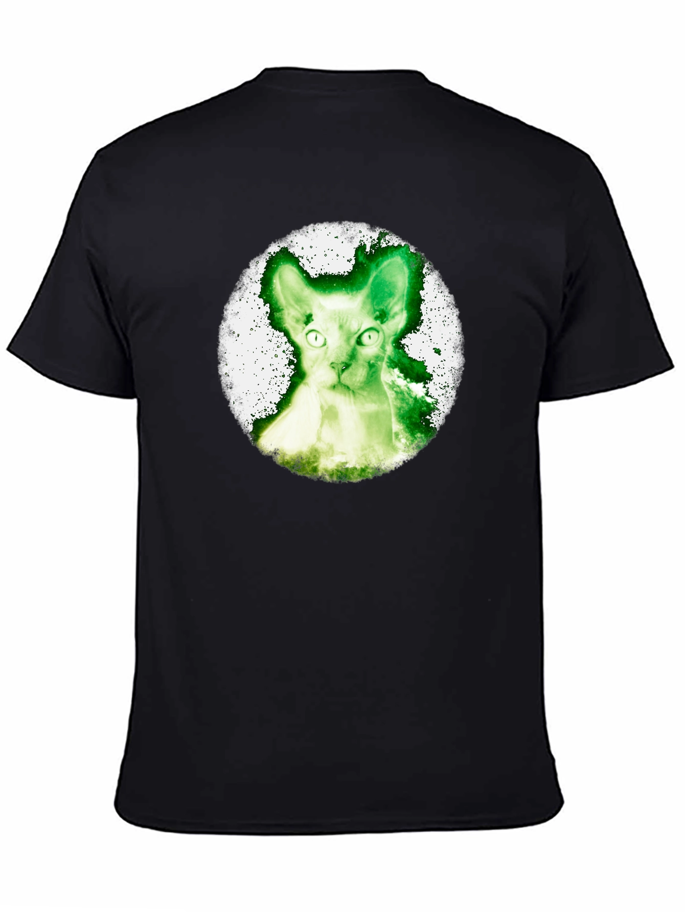 Black Green Cat Graphic Tee - Black Cotton Shirt view 4